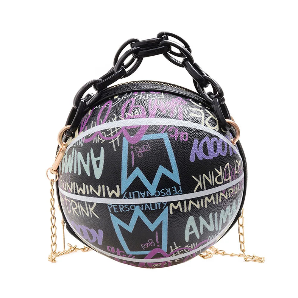 Women Graffiti Chain Shoulder Bags PU Leather Handbags Mini Basketball Bags