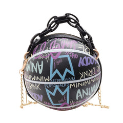 Women Graffiti Chain Shoulder Bags PU Leather Handbags Mini Basketball Bags