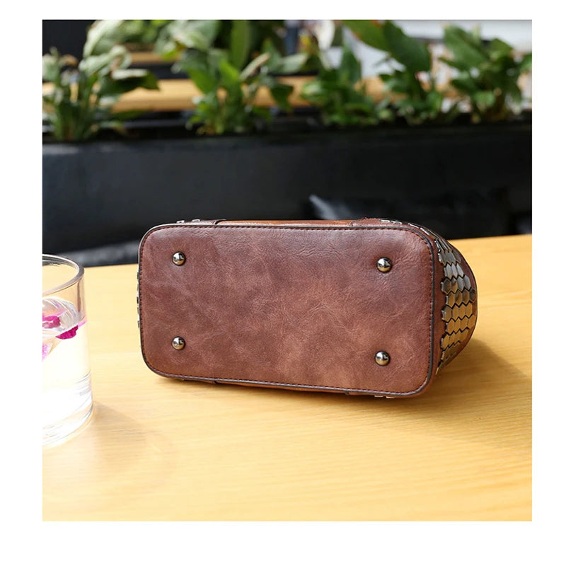 Women Leather Doctor Bag Shoulder Bag Crossbody Handbag Chain Rivets Vintage Bag