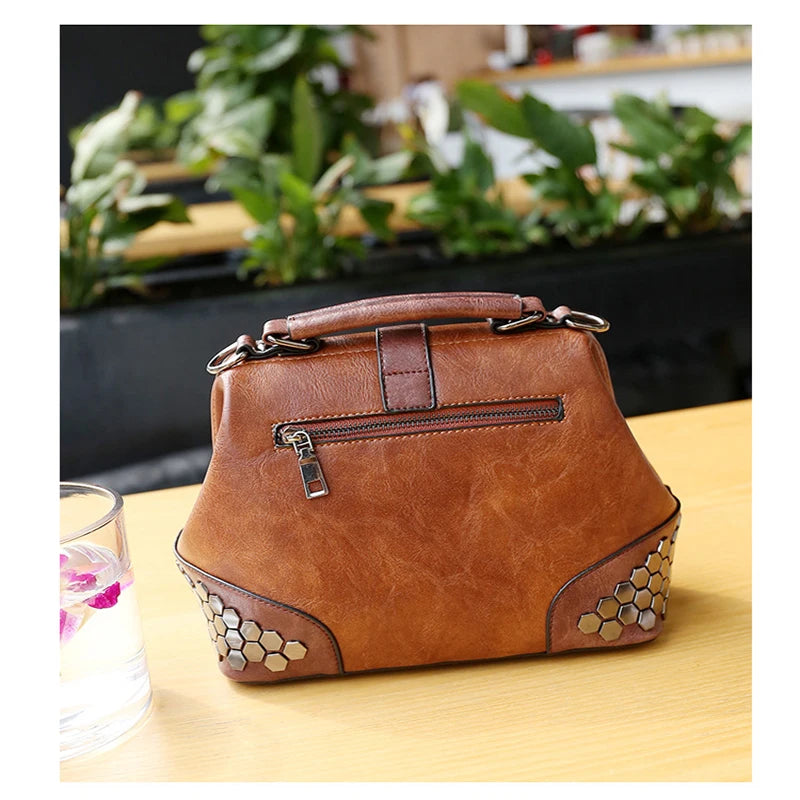 Women Leather Doctor Bag Shoulder Bag Crossbody Handbag Chain Rivets Vintage Bag