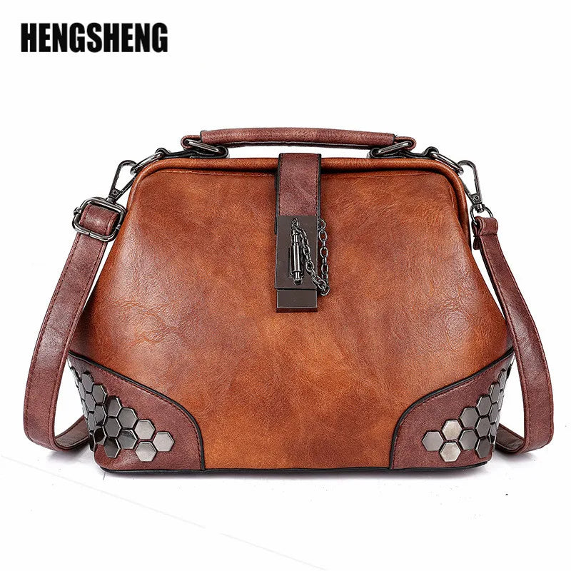Women Leather Doctor Bag Shoulder Bag Crossbody Handbag Chain Rivets Vintage Bag
