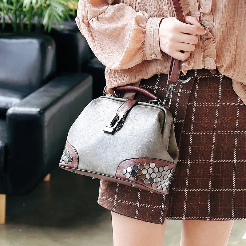 Women Leather Doctor Bag Shoulder Bag Crossbody Handbag Chain Rivets Vintage Bag