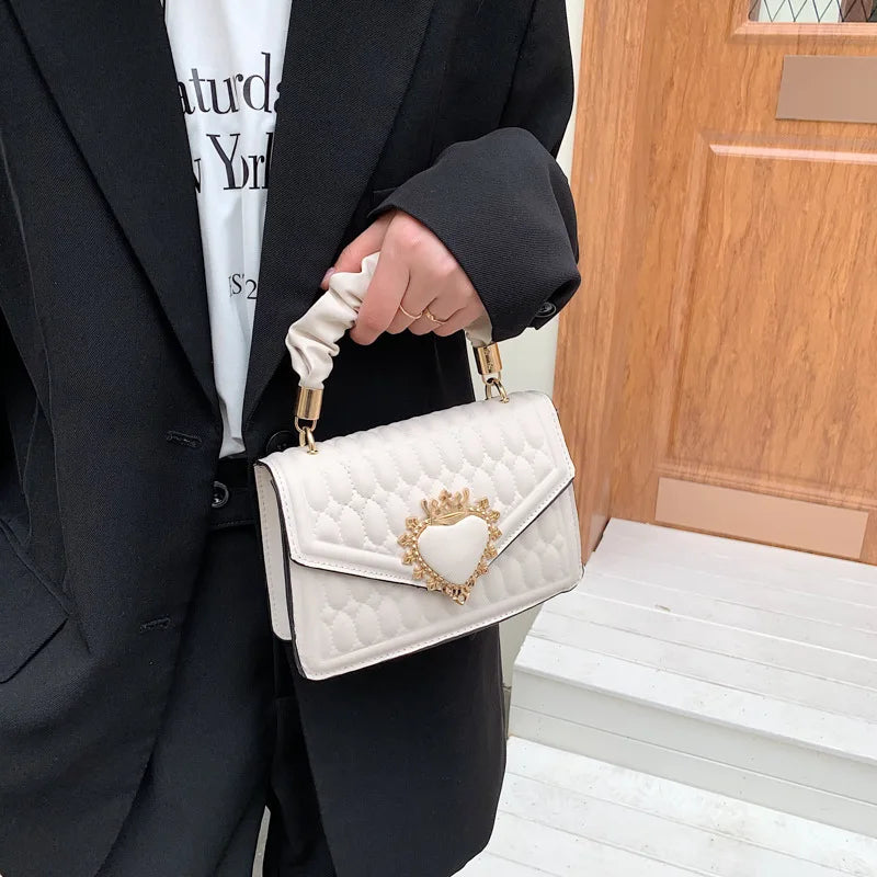 Women Handbag Peach Heart Lock Small Square Embrosidery Thread Crossbody