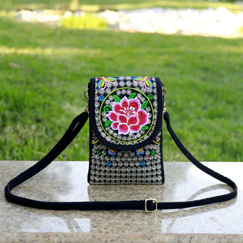 Vintage Floral Embroidered Crossbody Bag Phone Bag