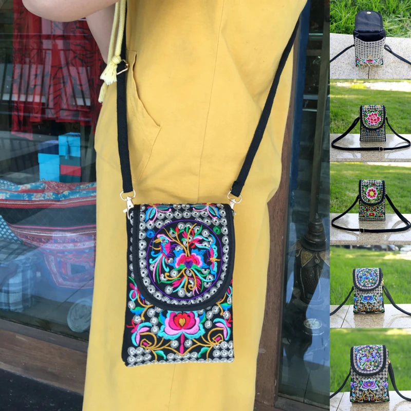 Vintage Floral Embroidered Crossbody Bag Phone Bag