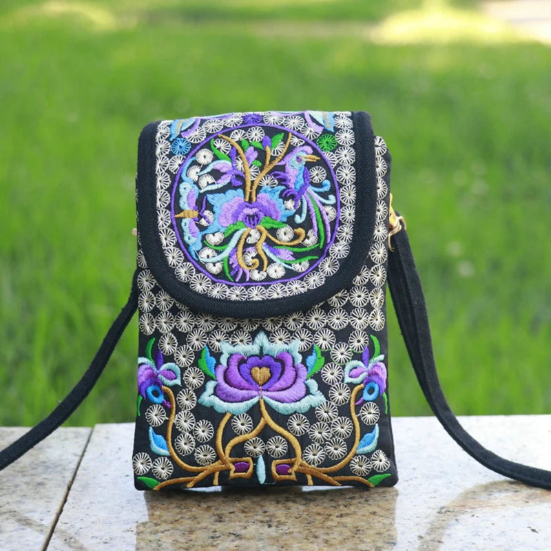 Vintage Floral Embroidered Crossbody Bag Phone Bag