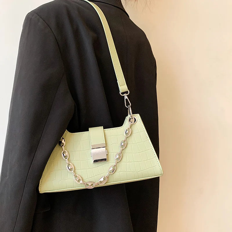 Stone Pattern Shoulder Bag Metal Chain Strap Crossbody Bag