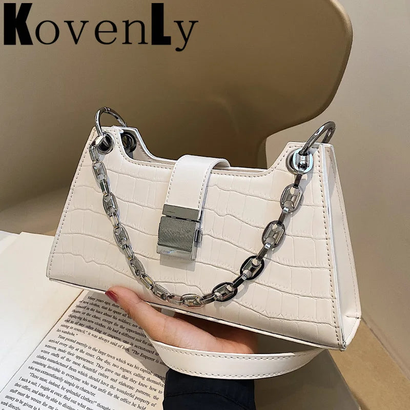 Stone Pattern Shoulder Bag Metal Chain Strap Crossbody Bag