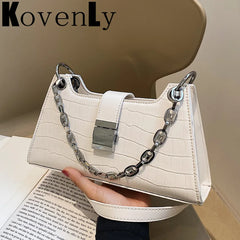 Stone Pattern Shoulder Bag Metal Chain Strap Crossbody Bag