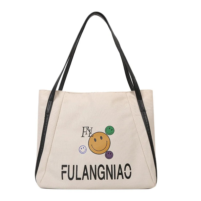 Women Canvas Shoulder Cartoon Printed Tote Bag Letter Large Capacity