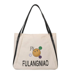 Women Canvas Shoulder Cartoon Printed Tote Bag Letter Large Capacity