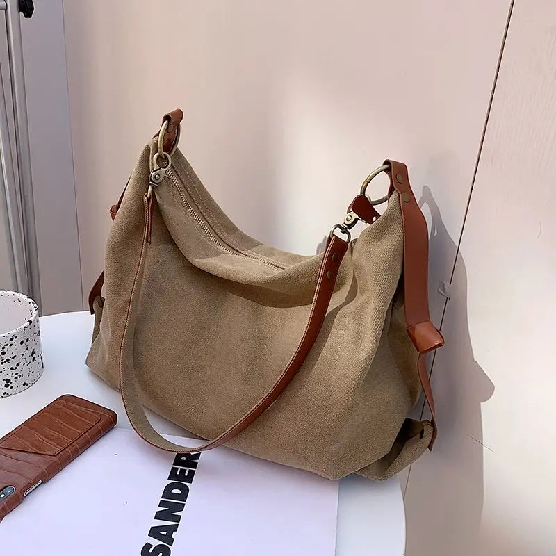 Retro Canvas Tote Shoulder Bags Women Crossbody Bags Large Solid Bags