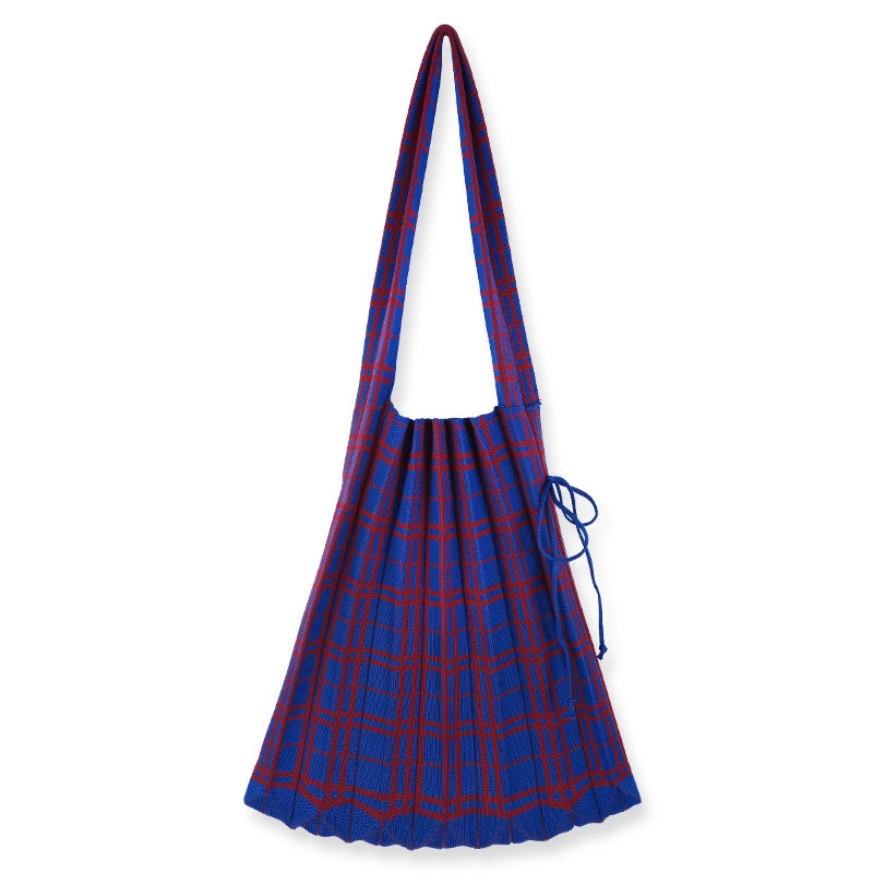 Women Knitted Wool Shoulder Bag Contrast Checked College Students Cloth
