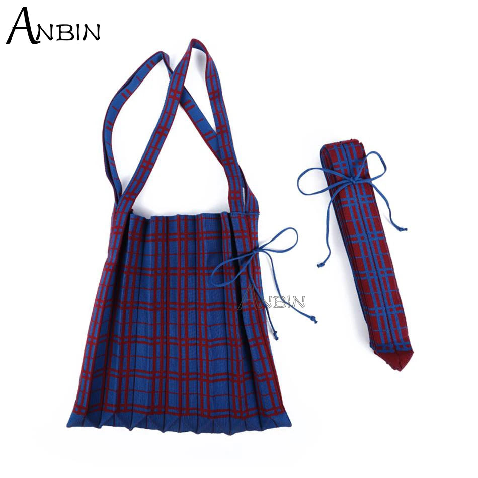 Women Knitted Wool Shoulder Bag Contrast Checked College Students Cloth