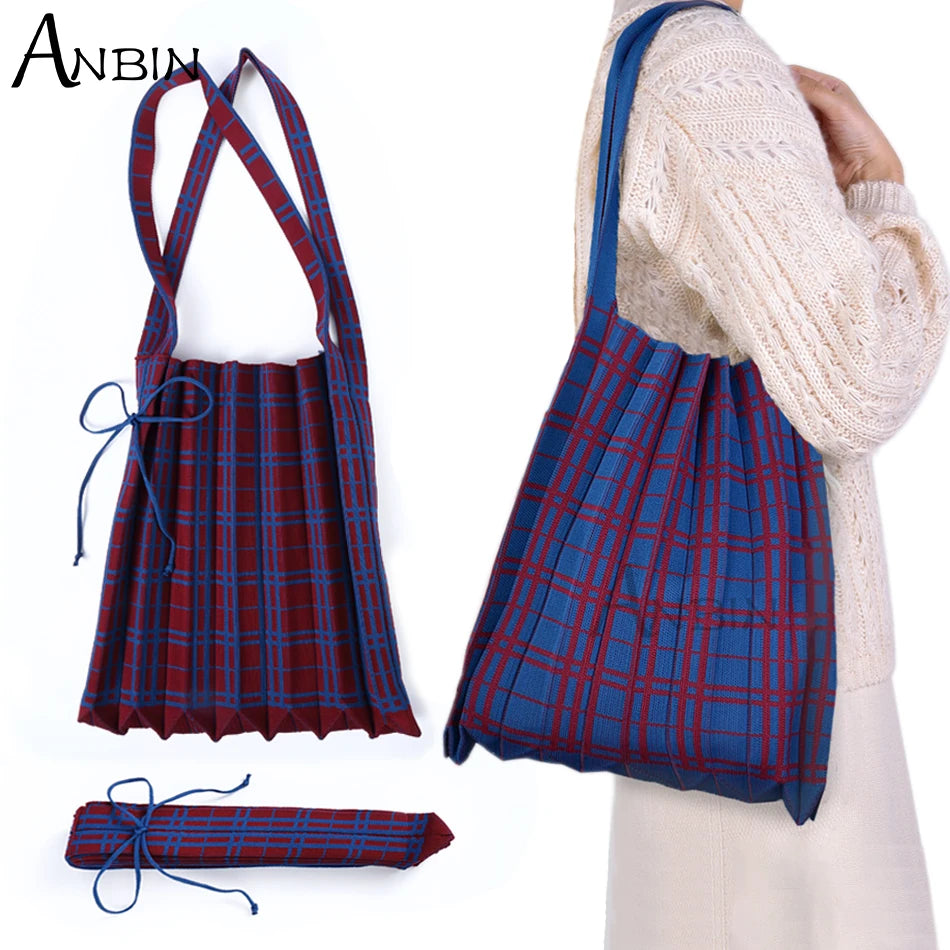 Women Knitted Wool Shoulder Bag Contrast Checked College Students Cloth