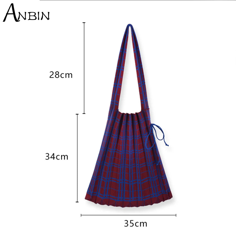 Women Knitted Wool Shoulder Bag Contrast Checked College Students Cloth