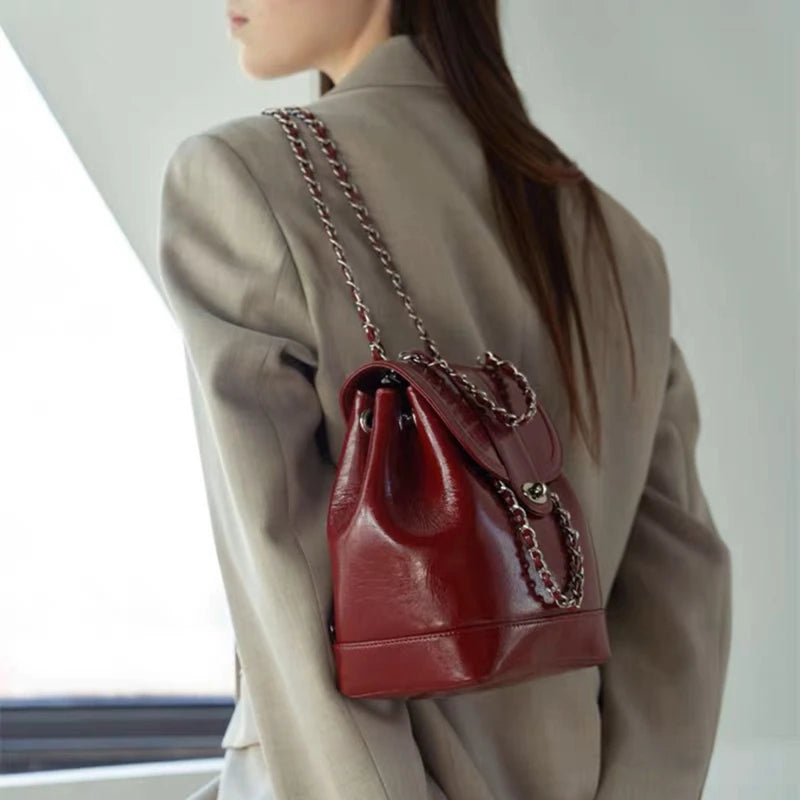 Women Korea Mini Chains Backpack Oil Wax Leather Shoulder Bag