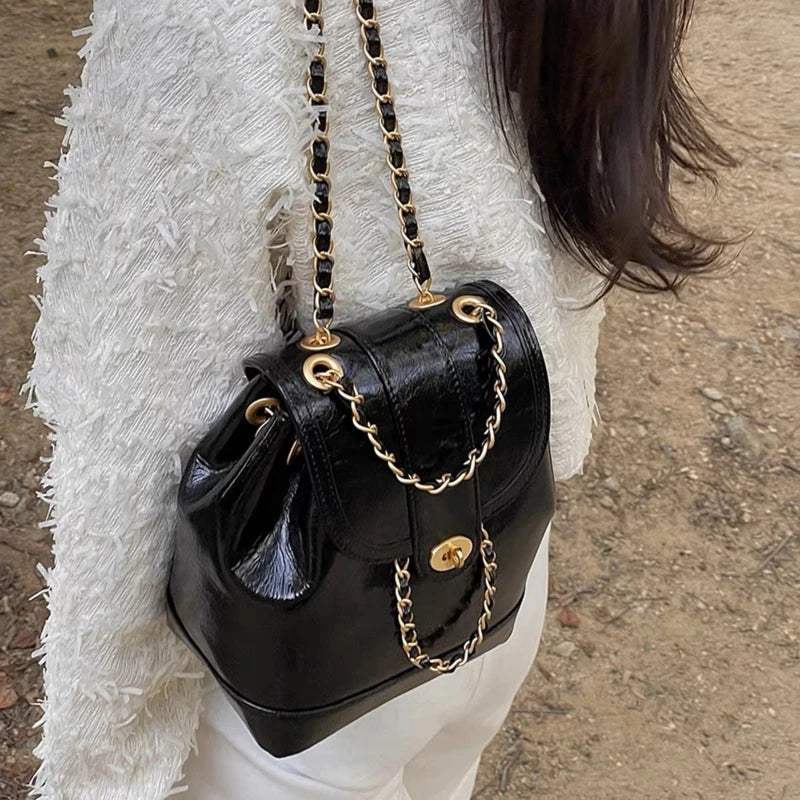 Women Korea Mini Chains Backpack Oil Wax Leather Shoulder Bag