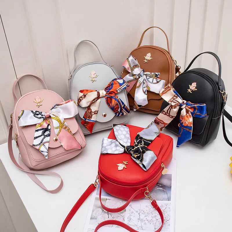 Women Ladies Bag Silk Scarf Rose Small Backpack Casual Cell Phone Bag