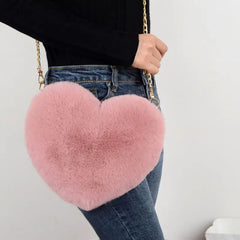 Women Faux Fur Heart Shoulder Bag Crossbody Winter Tote Purse