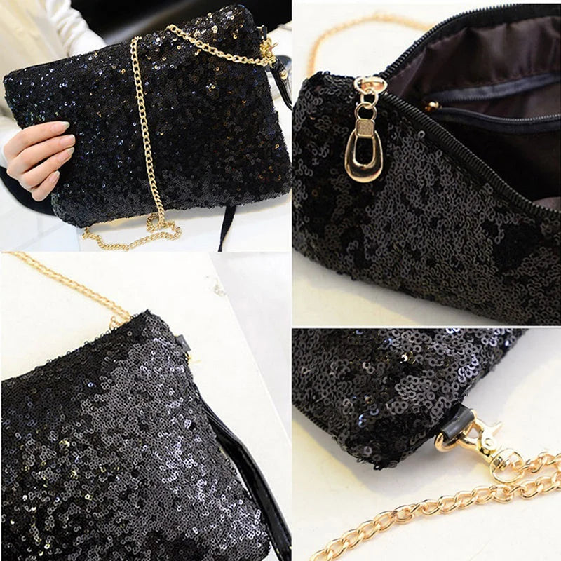 Glitter Sequins Envelope Clutch Party Evening Bag Wallet Purse Silver