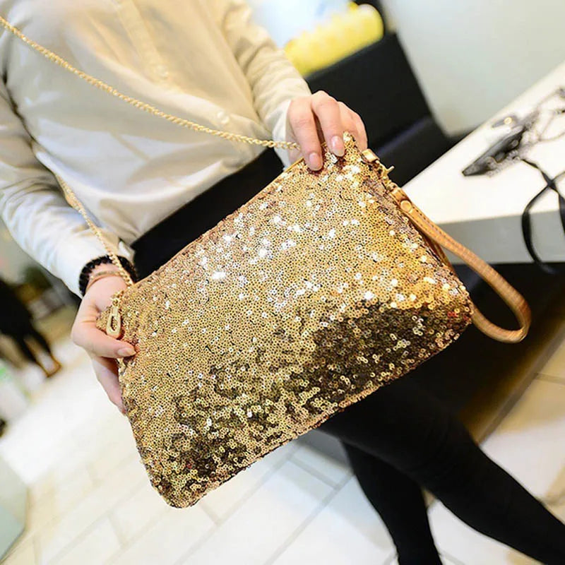 Glitter Sequins Envelope Clutch Party Evening Bag Wallet Purse Silver