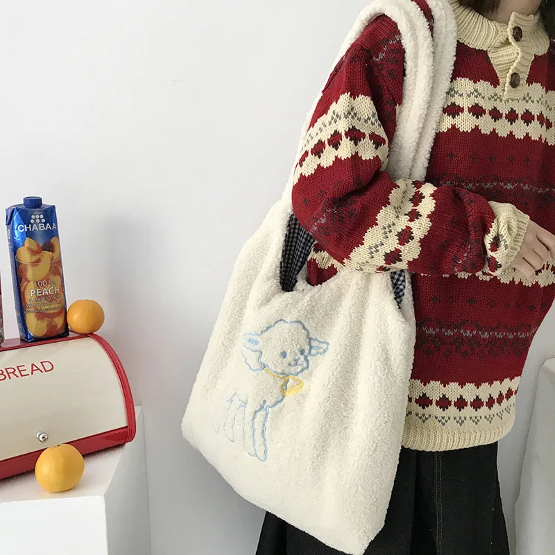 Soft Lamb Fabric Shoulder Bag Large Capacity Tote for Girls