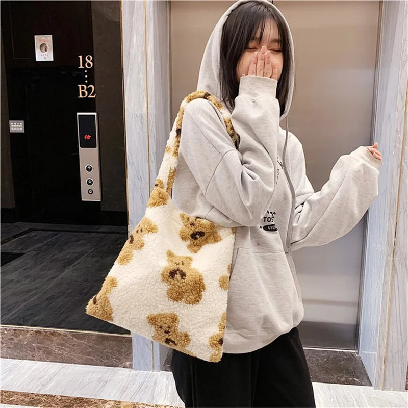 Women Lamb Fabric Tote Bag Fluffy Fur Bear Handbags Large Capacity Soft