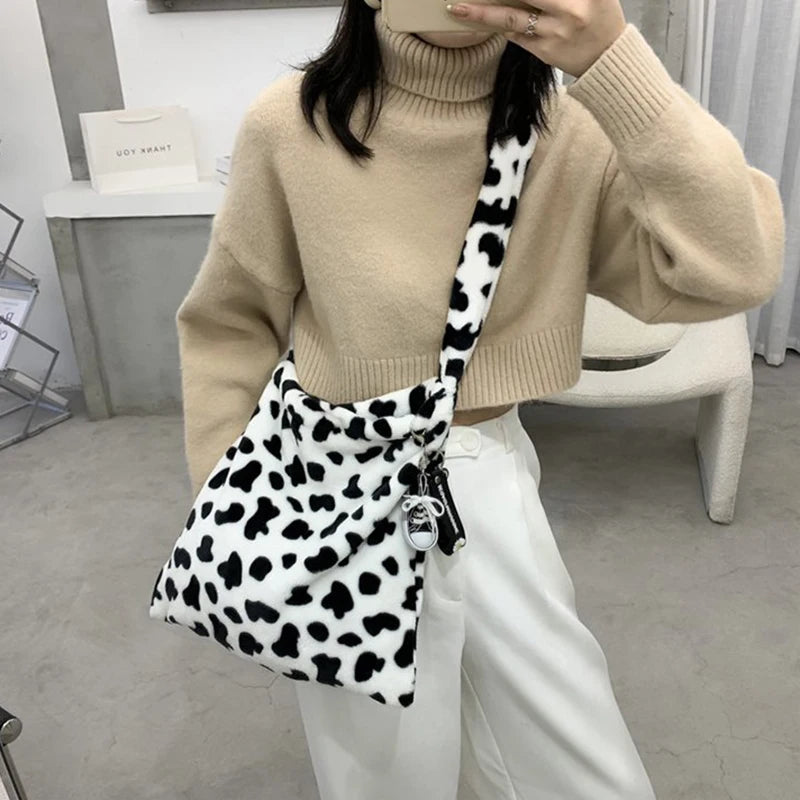 Soft Shoulder Tote Bag Canvas Fluffy Fur Bear Handbag Large Capacity