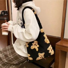 Soft Fluffy Fur Bear Canvas Tote Bag Large Capacity Shoulder Handbag