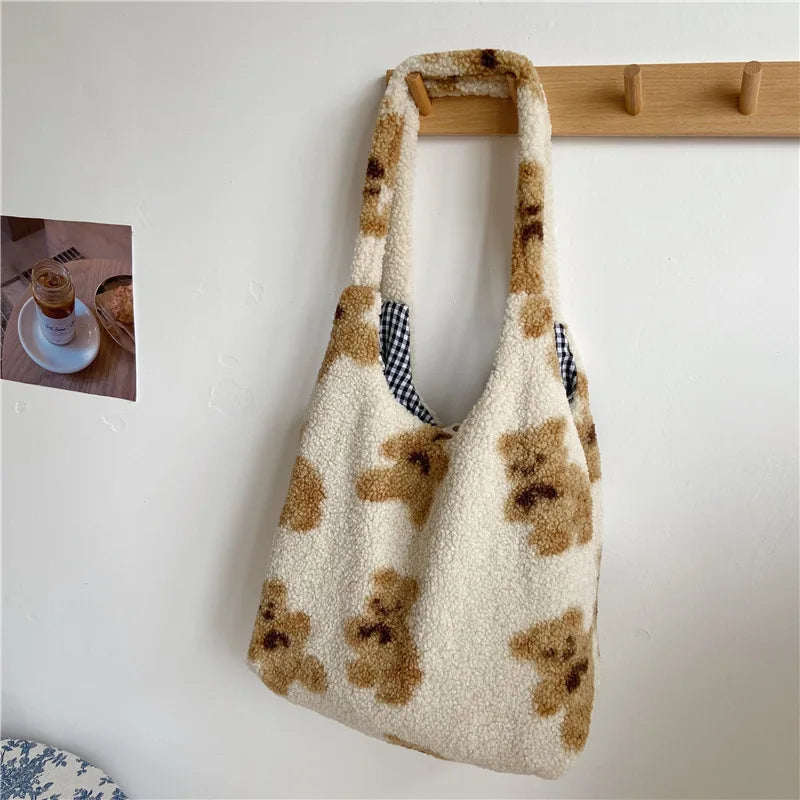 Fluffy Fur Bear Shoulder Tote Bag Soft Shopping Bag F111408