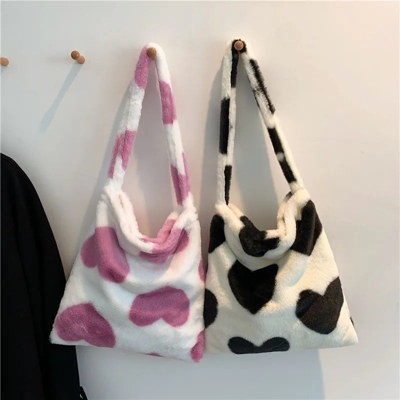 Soft Fluffy Fur Bear Canvas Tote Bag Large Capacity Shoulder Handbag
