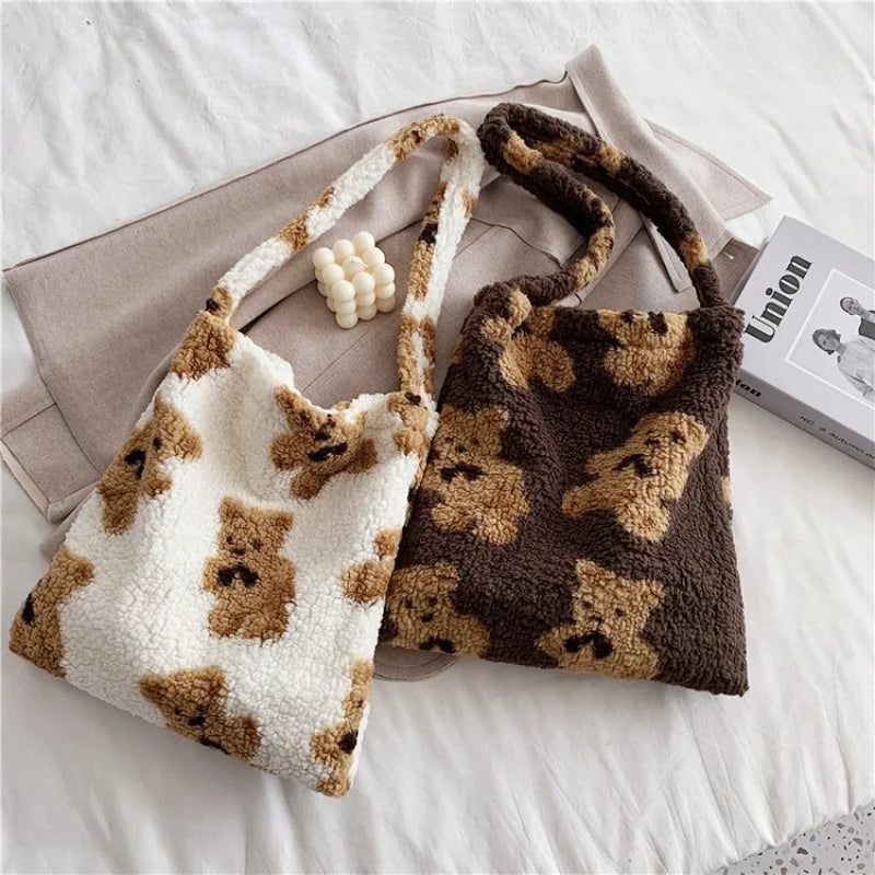Fluffy Bear Shoulder Tote Bag for Women - Large Capacity