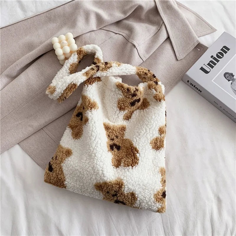 Fluffy Bear Shoulder Tote Bag for Women - Large Capacity