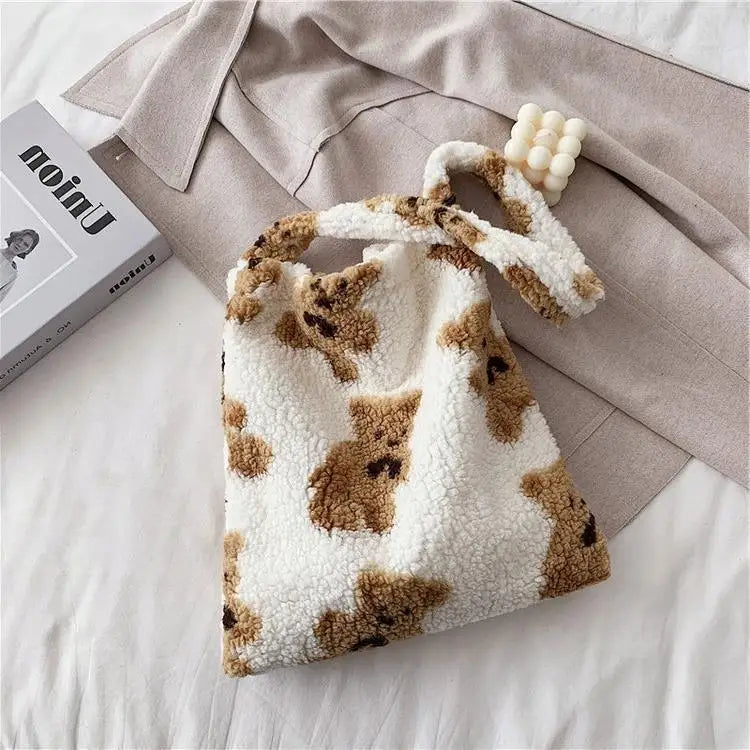 Women Fluffy Fur Shoulder Tote Bag Soft Shopping Bags Girls School Bag