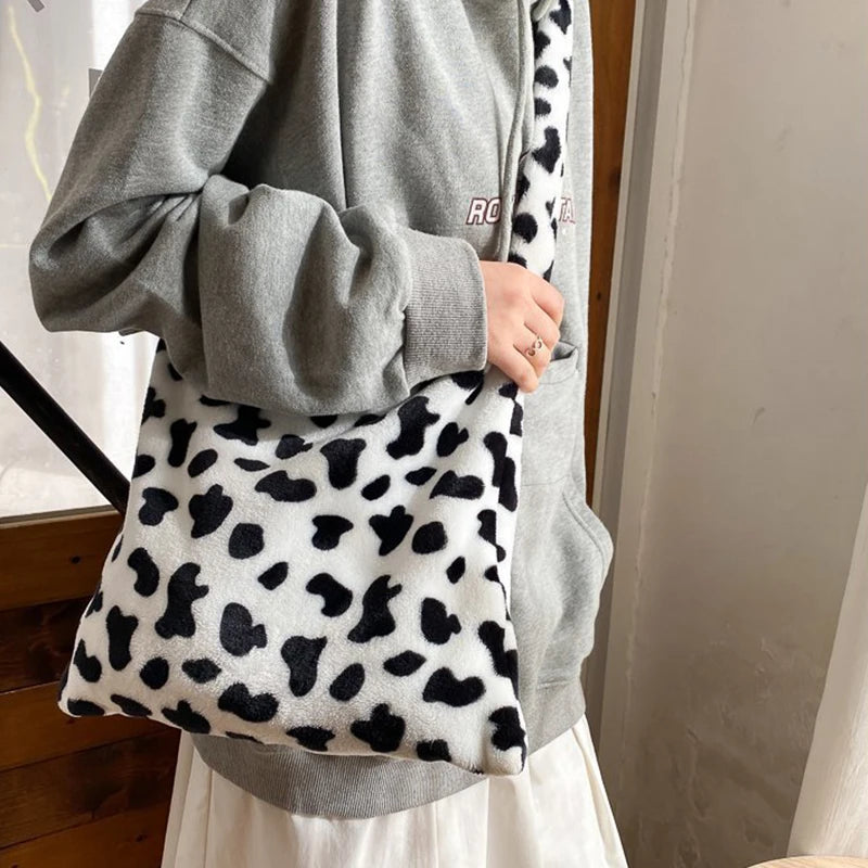 Soft Shoulder Tote Bag Canvas Fluffy Fur Bear Handbag Large Capacity
