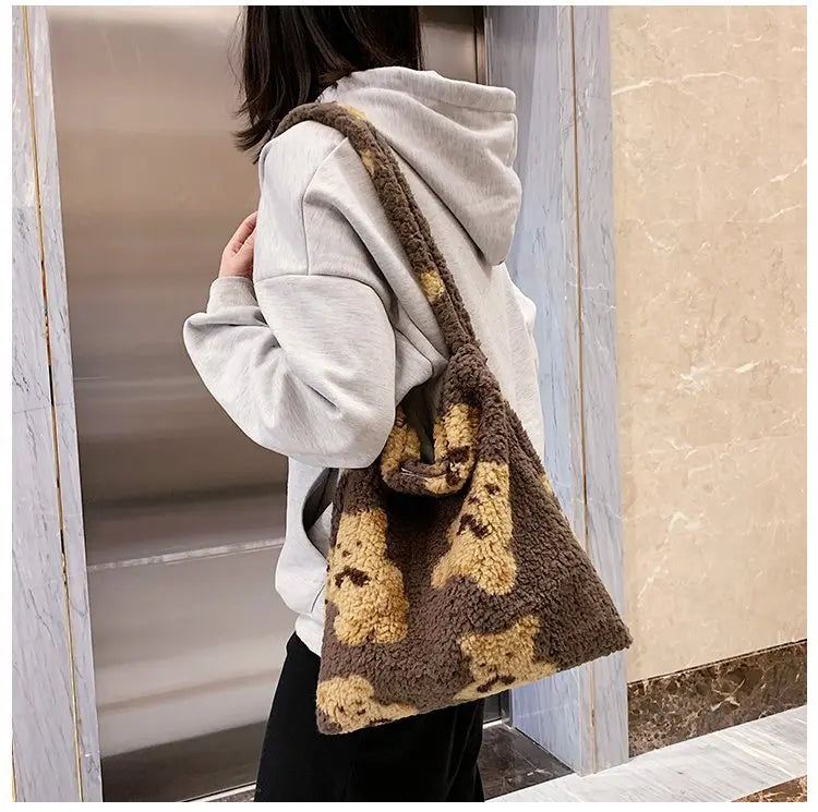 Fluffy Bear Shoulder Tote Bag for Women - Large Capacity