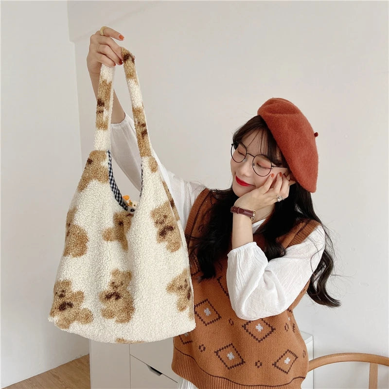 Fur Bear Handbag Canvas Large Capacity Soft Shopping Shoulder Bag