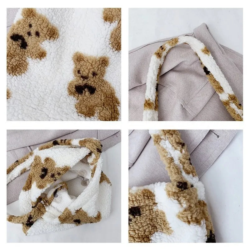 Women Lamb Fabric Tote Bag Fluffy Fur Bear Handbags Large Capacity Soft
