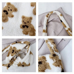 Women Lamb Fabric Tote Bag Fluffy Fur Bear Handbags Large Capacity Soft