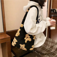 Fluffy Fur Bear Shoulder Tote Bag Soft Shopping Bags Girls School Bag
