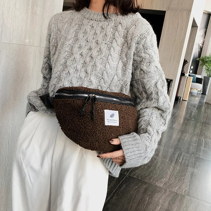 Plush Lamb Wool Waist Bag Soft Crossbody Hip Money Pouch