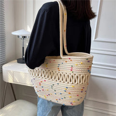 Large Capacity Crochet Shoulder Bag, Straw Woven Tote Handbag