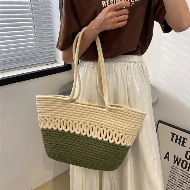 Large Capacity Crochet Shoulder Bag, Straw Woven Tote Handbag