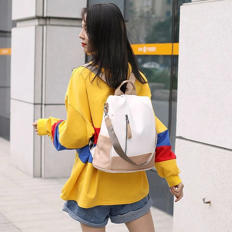 Women Leather Backpack Anti-theft Beige Khaki School Bag