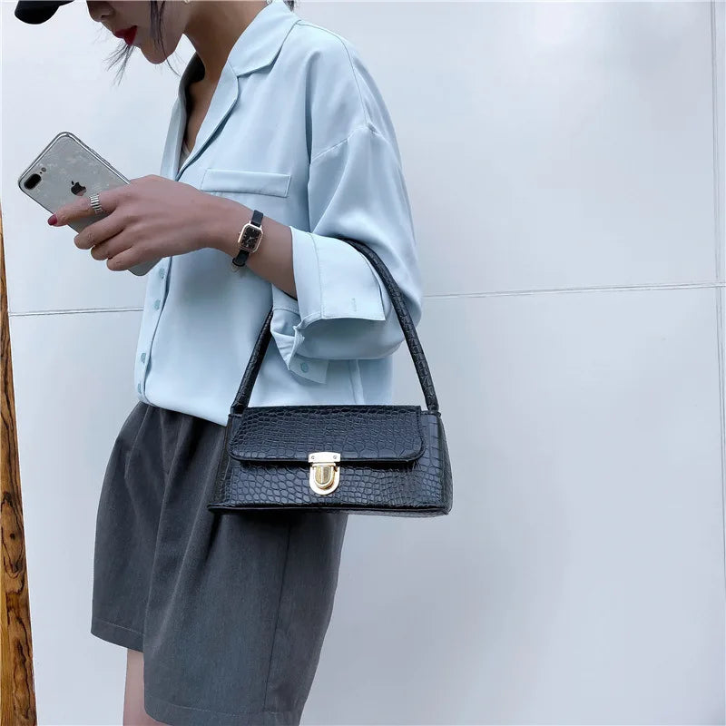 Women Leather Shoulder Bags Stone Pattern Handbag Totes Casual Flap Purse