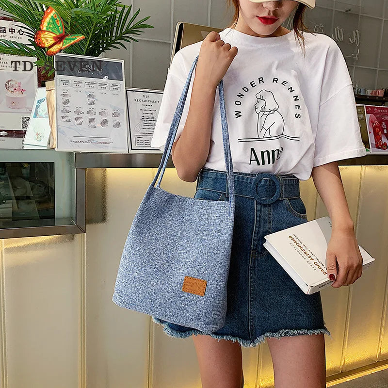 Linen Shoulder Bag Canvas Student Messenger Double Straps Handbag Shopper Tote