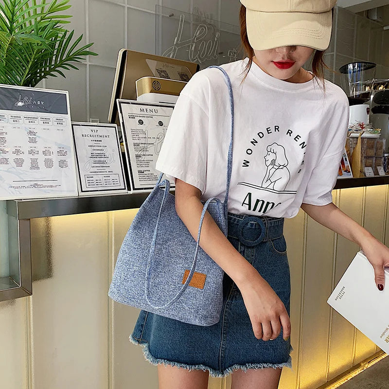 Linen Shoulder Bag Canvas Student Messenger Double Straps Handbag Shopper Tote