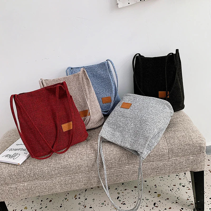 Linen Shoulder Bag Canvas Student Messenger Double Straps Handbag Shopper Tote