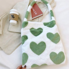 Heart Pattern Plush Shoulder Bags Soft Handbags Winter Fluffy Totes
